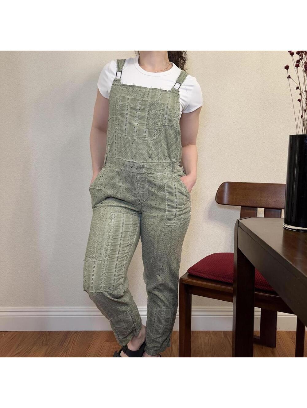Free People Boho Overalls Tapered Olive Green Eyelet Cottagecore